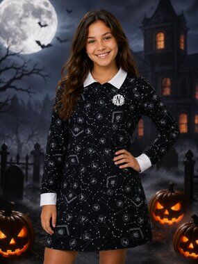 Wednesday Addams Dress Youth XL 14-16 Mad Engine Black Gothic Collared Dress